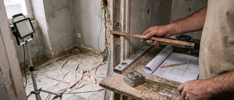 Mains d’artisan mesurant la largeur d’une porte au mètre pliant dans un local professionnel en travaux