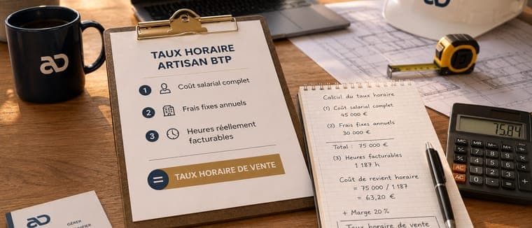 Calcul manuscrit d'un taux horaire sur un bureau, avec calculatrice, plans et casque de chantier
