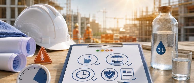 Bidon d'eau et casque devant un chantier en plein soleil, près d'une liste de mesures de prévention