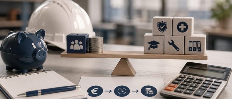 Tirelire, casque et balance en équilibre à côté d'une calculatrice et d'un bloc de calculs