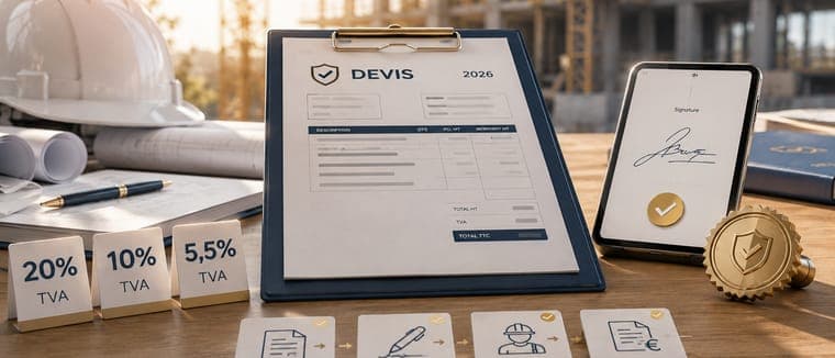 Devis 2026 sur presse-papiers et signature électronique sur tablette, avec les taux de TVA