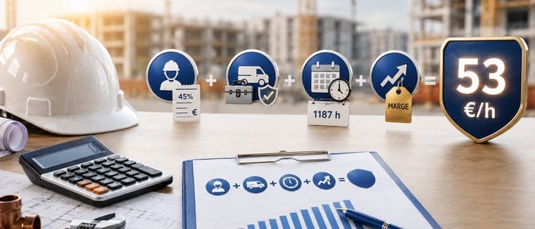 Outils de plombier, calculatrice et tableau de suivi de facturation devant un chantier