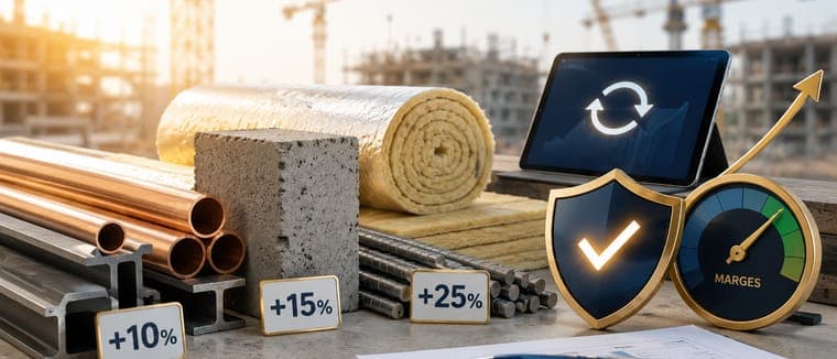 Matériaux de construction étiquetés +10 %, +15 % et +25 % devant une jauge de marge