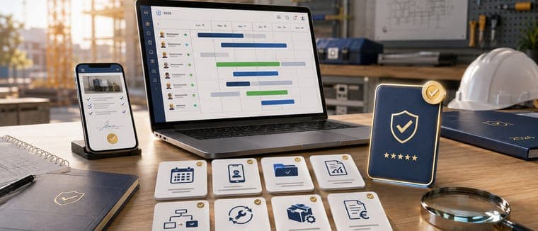 Loupe et badge de notation devant un logiciel de planning affiché sur ordinateur et smartphone