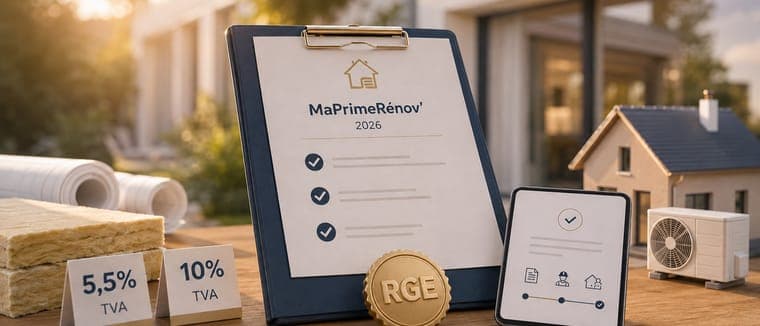 Dossier MaPrimeRénov' 2026 coché, médaille RGE et maison miniature devant un pavillon rénové