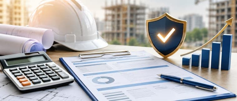 Devis chiffré et calculatrice devant un chantier, avec un histogramme de marge en hausse