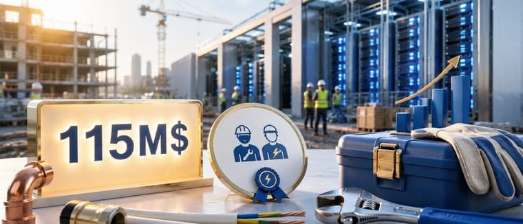 Panneau 115 M$ et outils de plombier-électricien devant un centre de données en construction