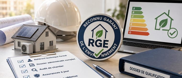 Macaron RGE, checklist de qualification et dossier administratif près d'une maison équipée en solaire