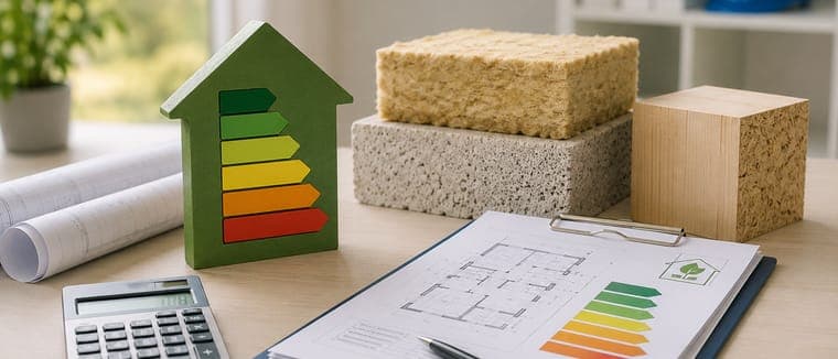 Étiquette énergie, blocs de matériaux biosourcés et plan de maison avec son DPE