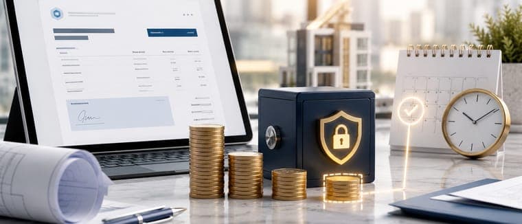 Facture sur tablette, coffre-fort et piles de pièces retenues, à côté d'une horloge