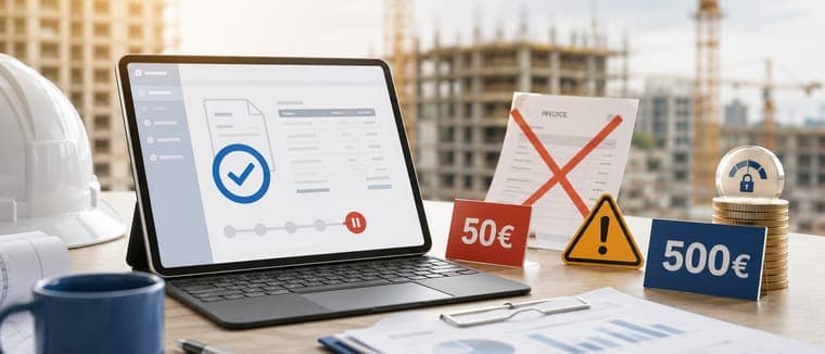 Panneaux d'amende 50 € et 500 €, triangle d'alerte et facture barrée devant un ordinateur