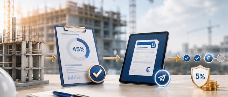 Avancement de chantier à 45 % transmis en facture électronique, avec une retenue de 5 %