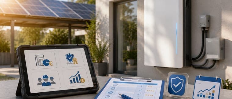 Batterie domestique murale installée sous un carport solaire, suivie sur tablette
