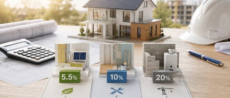 Maquette de maison en coupe dont trois zones portent les taux 5,5 %, 10 % et 20 %