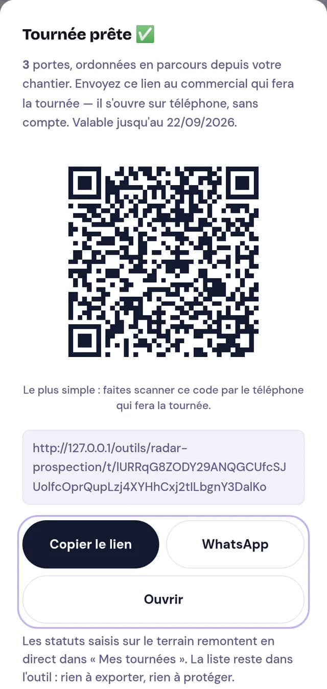 La fenêtre « Tournée prête » : trois portes ordonnées en parcours, un QR code à scanner, le lien à copier ou à envoyer par WhatsApp.