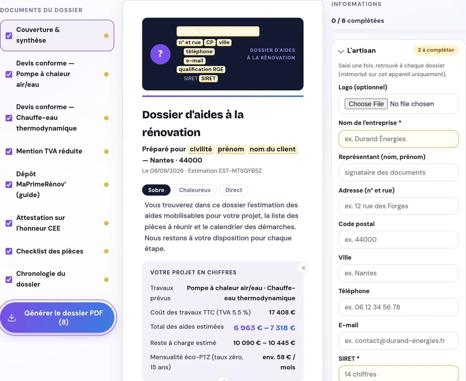 Le Studio Dossier : à gauche la liste des huit documents à générer, au centre l'aperçu de la couverture du dossier, à droite les informations de l'artisan à compléter.
