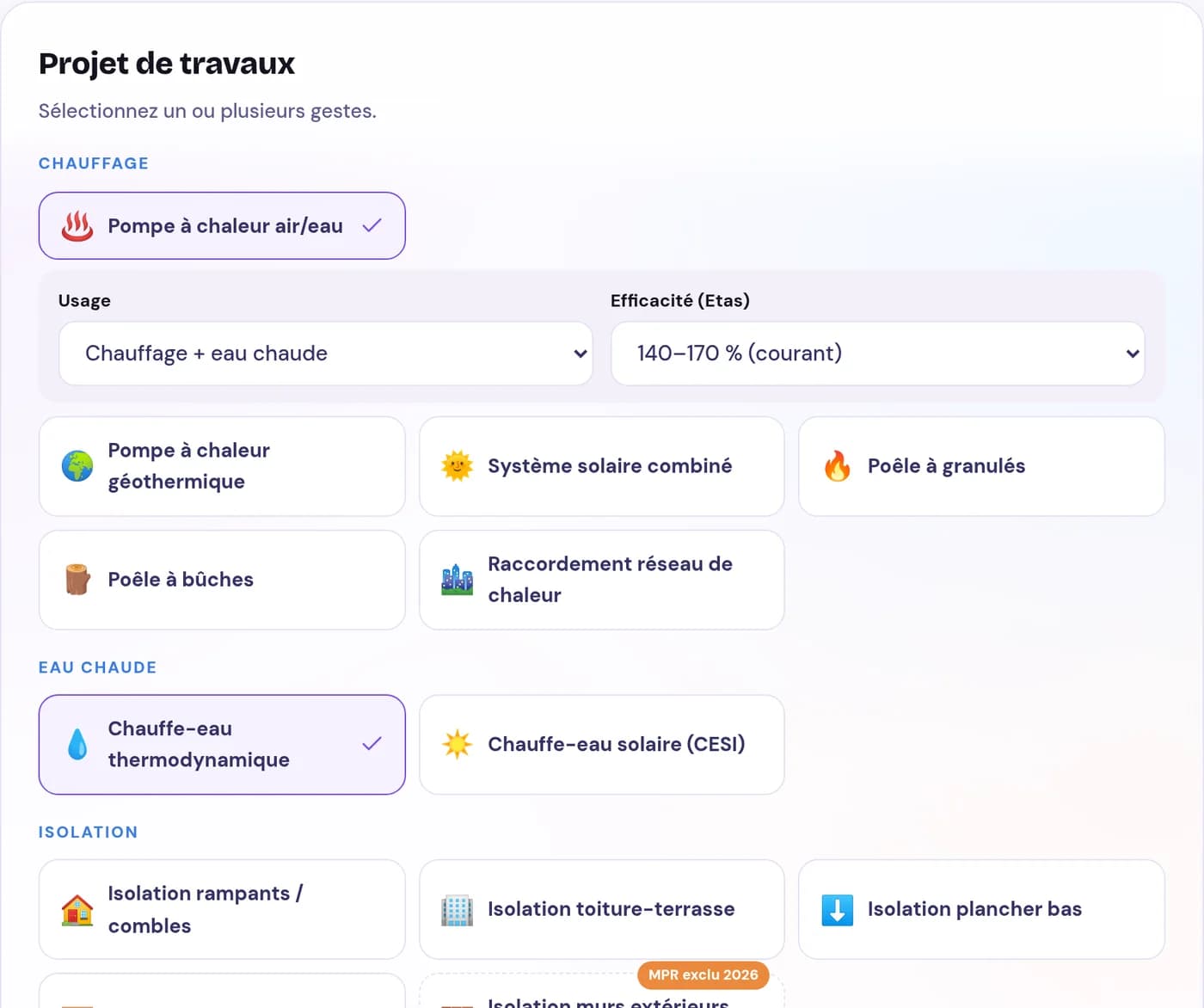 L'écran « Projet de travaux » : les gestes classés par famille (chauffage, eau chaude, isolation), avec la pompe à chaleur air/eau et le chauffe-eau thermodynamique cochés.