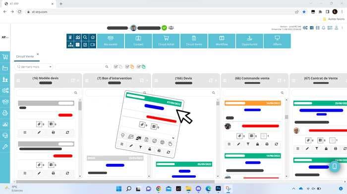 Interface XT-ERP — Circuit de vente Kanban : Devis, Bon d'intervention, Commande vente, Contrat de vente