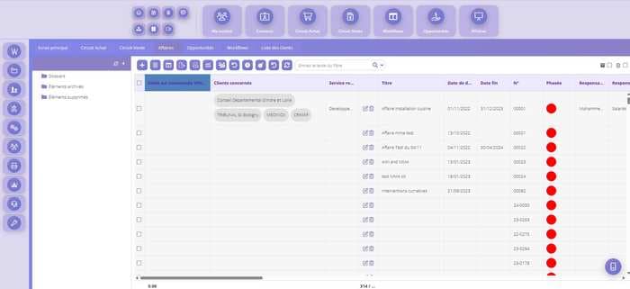 XT-ERP — Liste des affaires chantier : clients, dates, statut, responsables