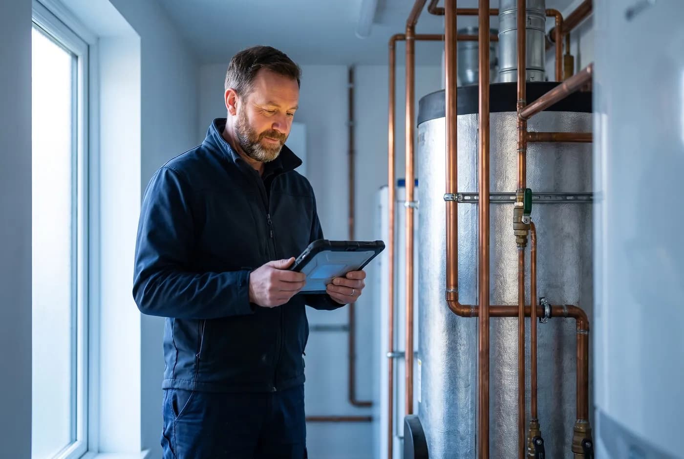 Un technicien consulte sa tablette devant une chaudière, dans une chaufferie.